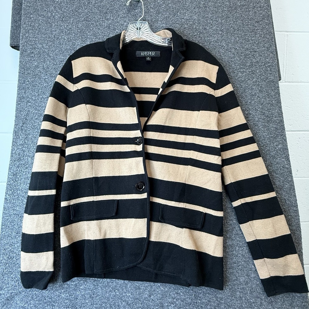 Kasper Striped Cardigan Jacket‎ Button Close Black Brown Cotton Career Medium